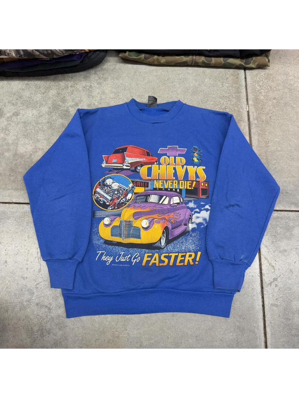 vintage chevys never die they just go faster hot rod blue made in usa crewneck